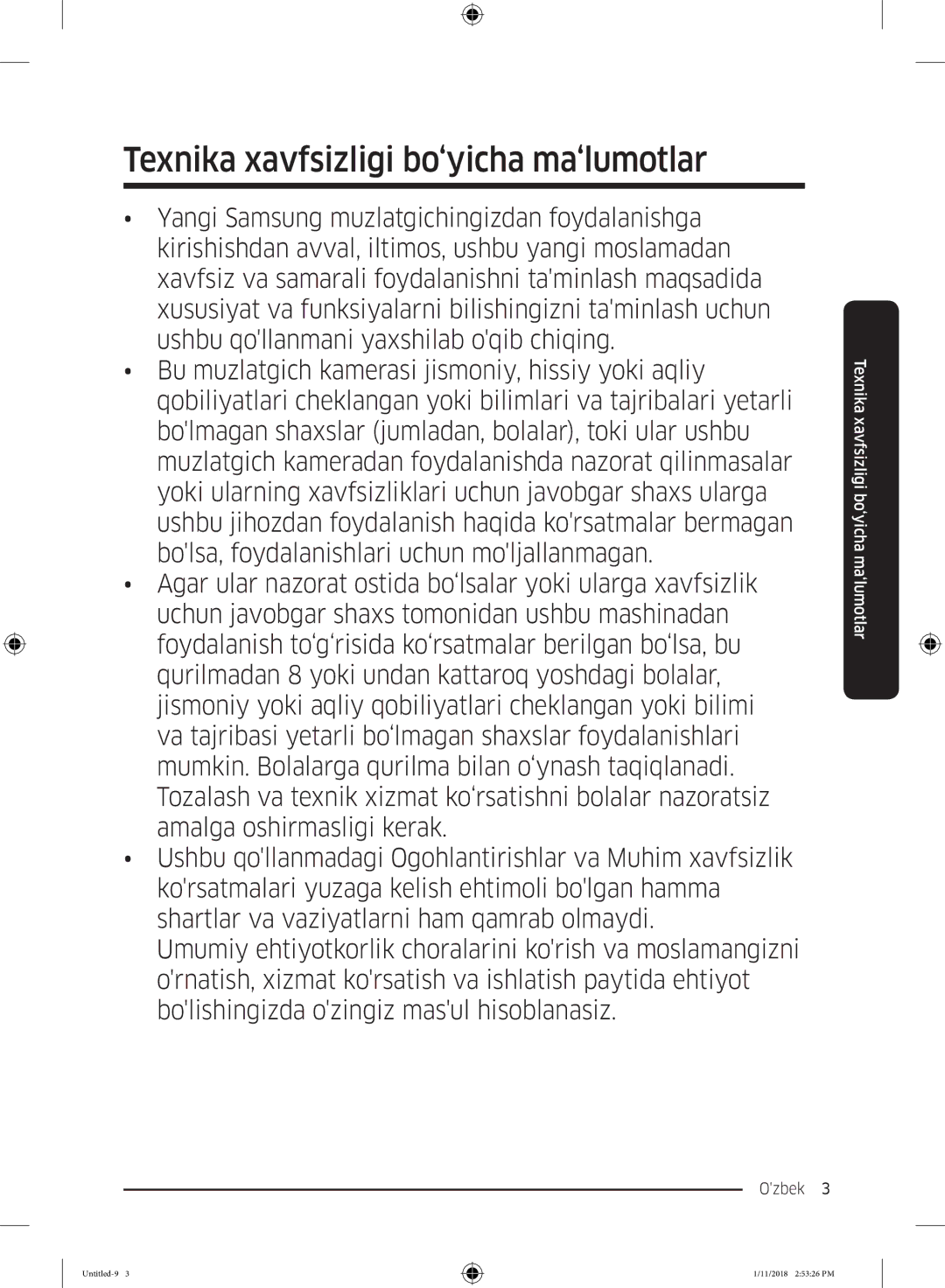 Samsung RT46K6360SL/WT, RT46K6360EF/WT, RT53K6340UT/WT, RT43K6000EF/WT manual Texnika xavfsizligi bo‘yicha ma‘lumotlar, Ozbek  